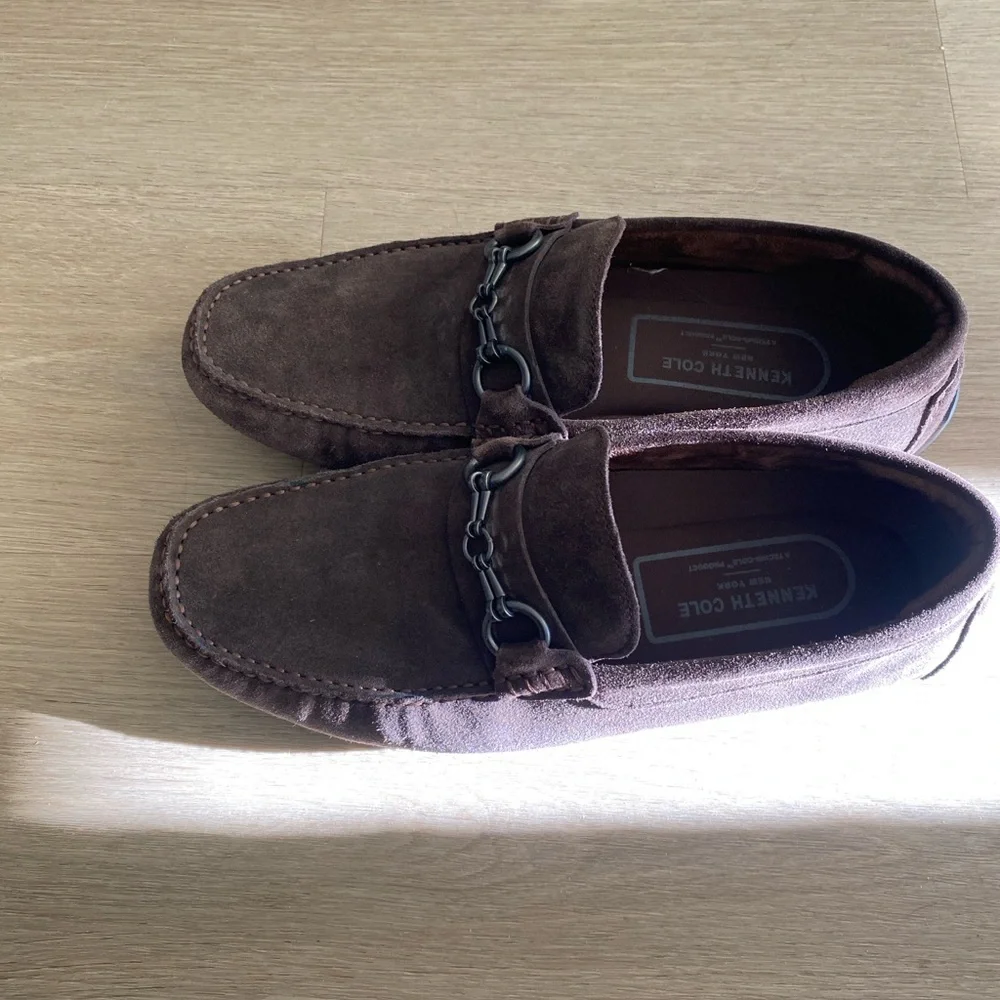 Kenneth Cole NY Brown Suede Driving Loafers Mens Horsebit Chain Slip On 10.5